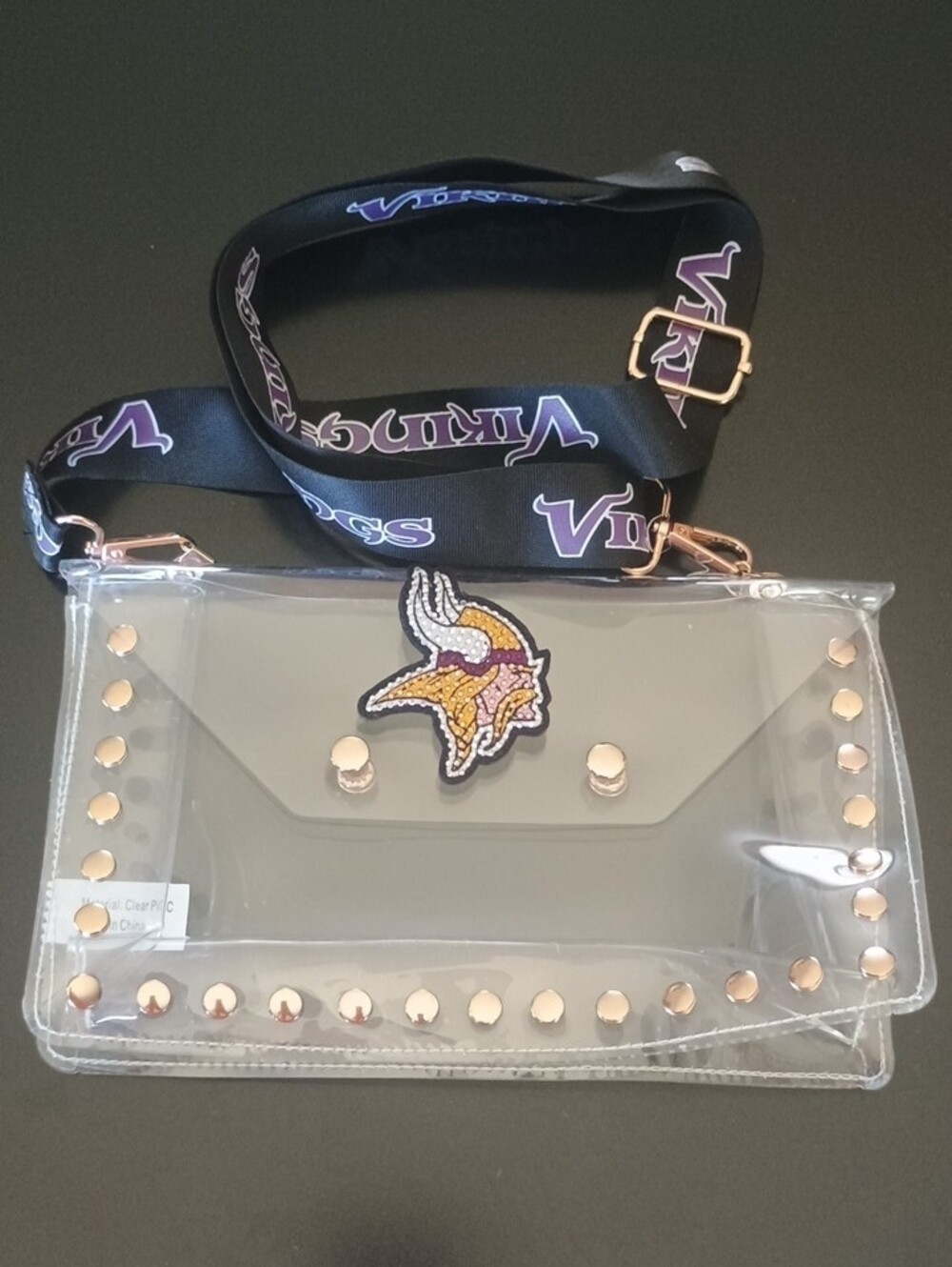 Clear Crossbody Bag with Purple Accent Strap and Gold Studs